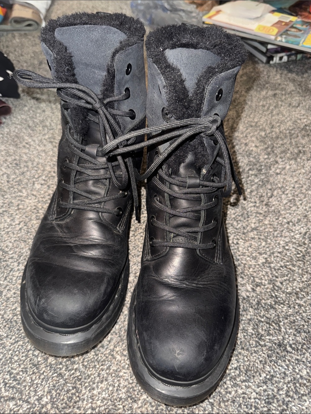 Dr. Martens Black Leather Lace-Up Boots with Faux Fur Collar